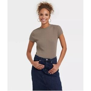 A New Day Womens Ribbed Crew Neck Short Sleeve T Shirt Brown Size M
